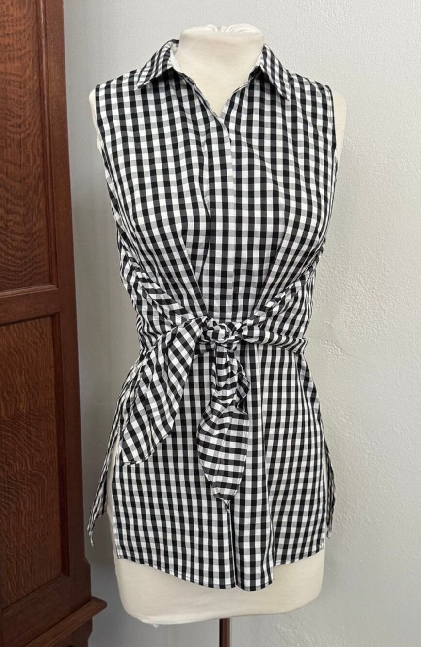 Lafayette 148 Women's Mariel Hampton Check Gingham Tie Waist Blouse Size Small